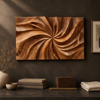 Detail of landscape wood wall art panel with a carved swirl relief beside wood, brass and linen samples