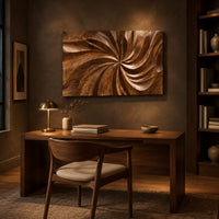 Landscape wood wall art panel with a carved swirl relief above a desk in a dark study corner