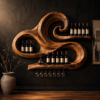 Carved wooden wine rack with a swirling wave shape and a stemware rail in a dark studio against a charcoal plaster wall