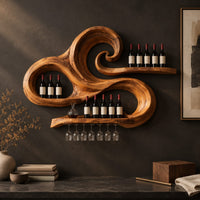 Corner detail of carved wooden wine rack with a swirling wave shape and a stemware rail beside wood, brass and linen samples