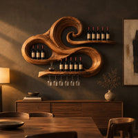 Carved wooden wine rack with a swirling wave shape and a stemware rail in a dark dining room at golden hour