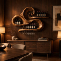 Carved wooden wine rack with a swirling wave shape and a stemware rail in an evening dining room with walnut wall paneling