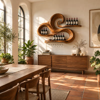Carved wooden wine rack with a swirling wave shape and a stemware rail in a bright dining room with arched windows and plants