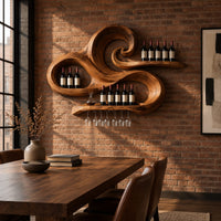 Carved wooden wine rack with a swirling wave shape and a stemware rail in an industrial loft dining room with exposed brick