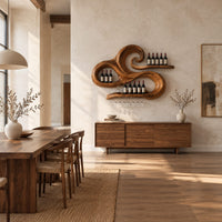 Carved wooden wine rack with a swirling wave shape and a stemware rail in a bright open plan dining room