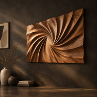 Wall art panel with a swirling carved ridge pattern radiating from the center on a dark charcoal plaster wall
