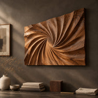 Detail of wall art panel with a swirling carved ridge pattern radiating from the center beside wood, brass and linen samples