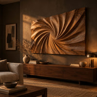 Wall art panel with a swirling carved ridge pattern radiating from the center above a low console in an evening living room