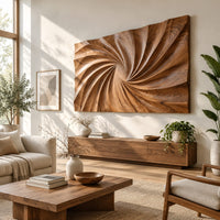 Wall art panel with a swirling carved ridge pattern radiating from the center in a bright sunroom with green plants
