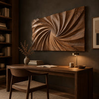 Wall art panel with a swirling carved ridge pattern radiating from the center above a desk in a dark study corner