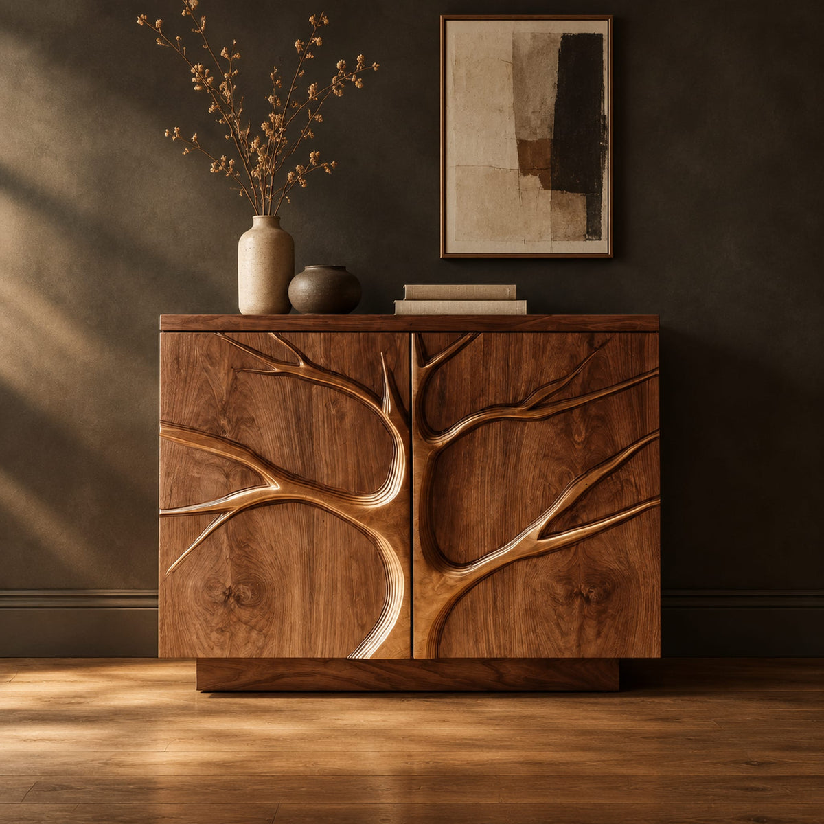 Two door sideboard with a carved tree branch relief across the fronts in a dark studio against a charcoal plaster wall