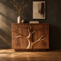 Two door sideboard with a carved tree branch relief across the fronts in a dark studio against a charcoal plaster wall