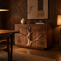 Two door sideboard with a carved tree branch relief across the fronts in an evening dining room with walnut wall paneling