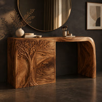 Corner detail of carved tree makeup vanity with three drawers and an open knee space beside wood, brass and linen samples