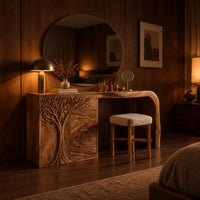 Carved tree makeup vanity with three drawers and an open knee space in an evening bedroom with walnut wall paneling