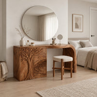 Carved tree makeup vanity with three drawers and an open knee space in a Scandinavian bedroom with white walls