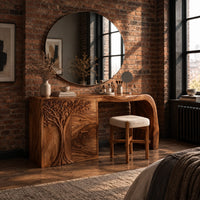 Carved tree makeup vanity with three drawers and an open knee space in an industrial loft bedroom with exposed brick