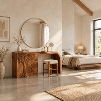 Carved tree makeup vanity with three drawers and an open knee space in a bright open plan bedroom