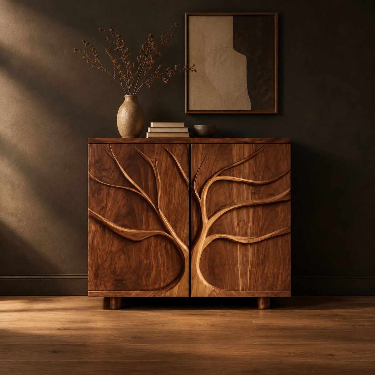 Two door sideboard with a carved tree branch relief in a dark studio against a charcoal plaster wall