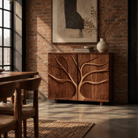 Two door sideboard with a carved tree branch relief in an industrial loft dining room with exposed brick