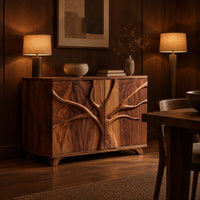 Two door sideboard with a carved tree branch relief across the doors in an evening dining room with walnut wall paneling