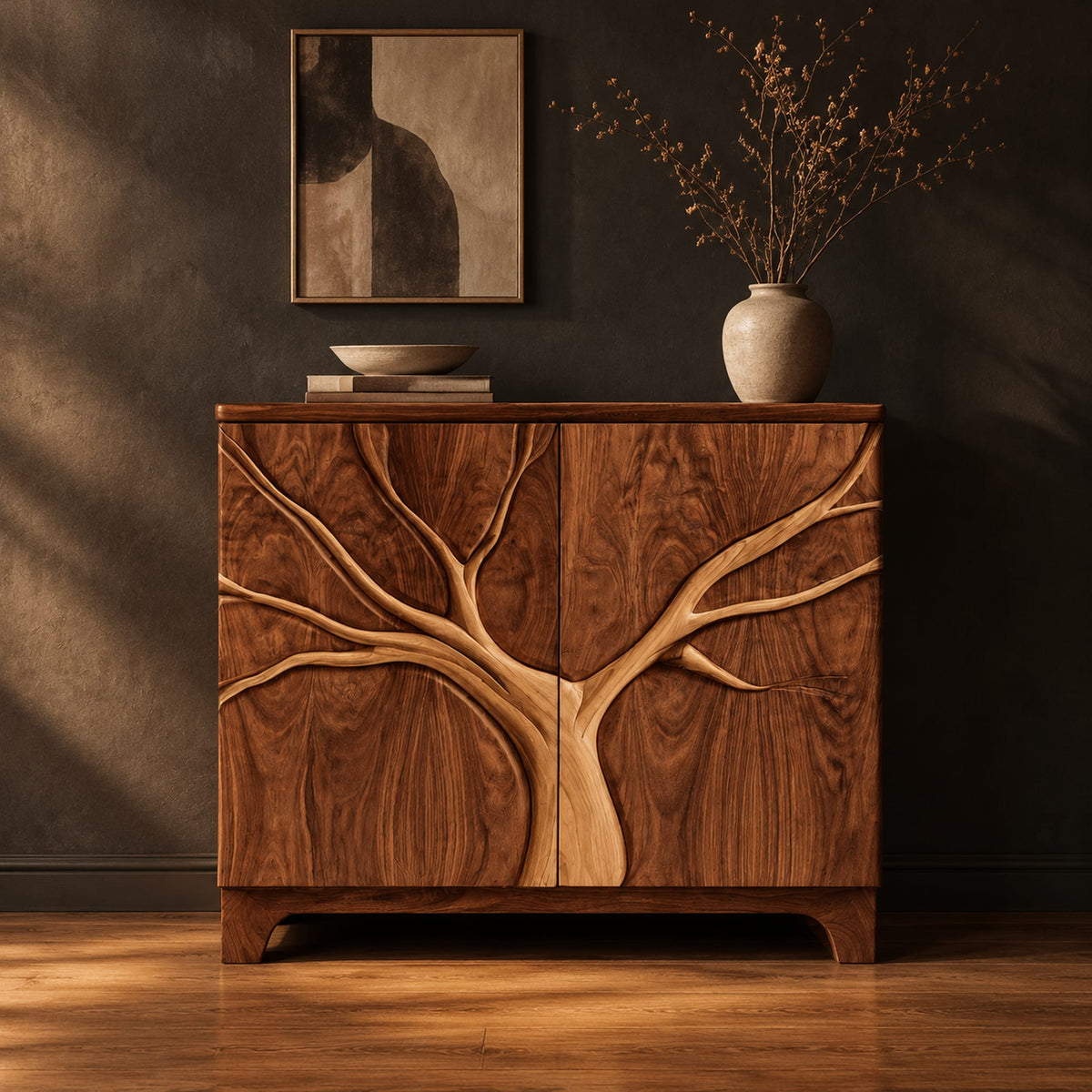 Two door sideboard with a tree carved in relief across both doors in a dark studio against a charcoal plaster wall