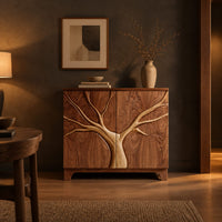 Two door sideboard with a tree carved in relief across both doors in a dark dining room at golden hour