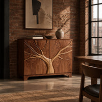 Two door sideboard with a tree carved in relief across both doors in an industrial loft dining room with exposed brick