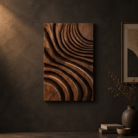 Carved wooden wall panel with sweeping layered grooves on a dark charcoal plaster wall