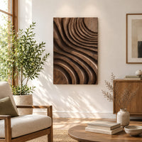 Carved wooden wall panel with sweeping layered grooves in a bright sunroom with green plants