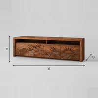 Carved Wave And Sunrise TV Stand With Four Doors And Open Niches dimension diagram with width, height and depth