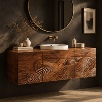 Floating bathroom vanity cabinet with three carved wave front panels, three-quarter view showing the grain