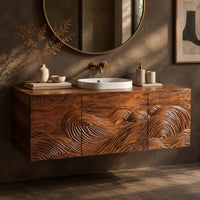 Corner detail of floating bathroom vanity cabinet with three carved wave front panels beside wood, brass and linen samples