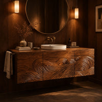 Floating bathroom vanity cabinet with three carved wave front panels in an evening bathroom with walnut wall paneling