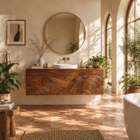 Floating bathroom vanity cabinet with three carved wave front panels in a bright bathroom with arched windows and plants
