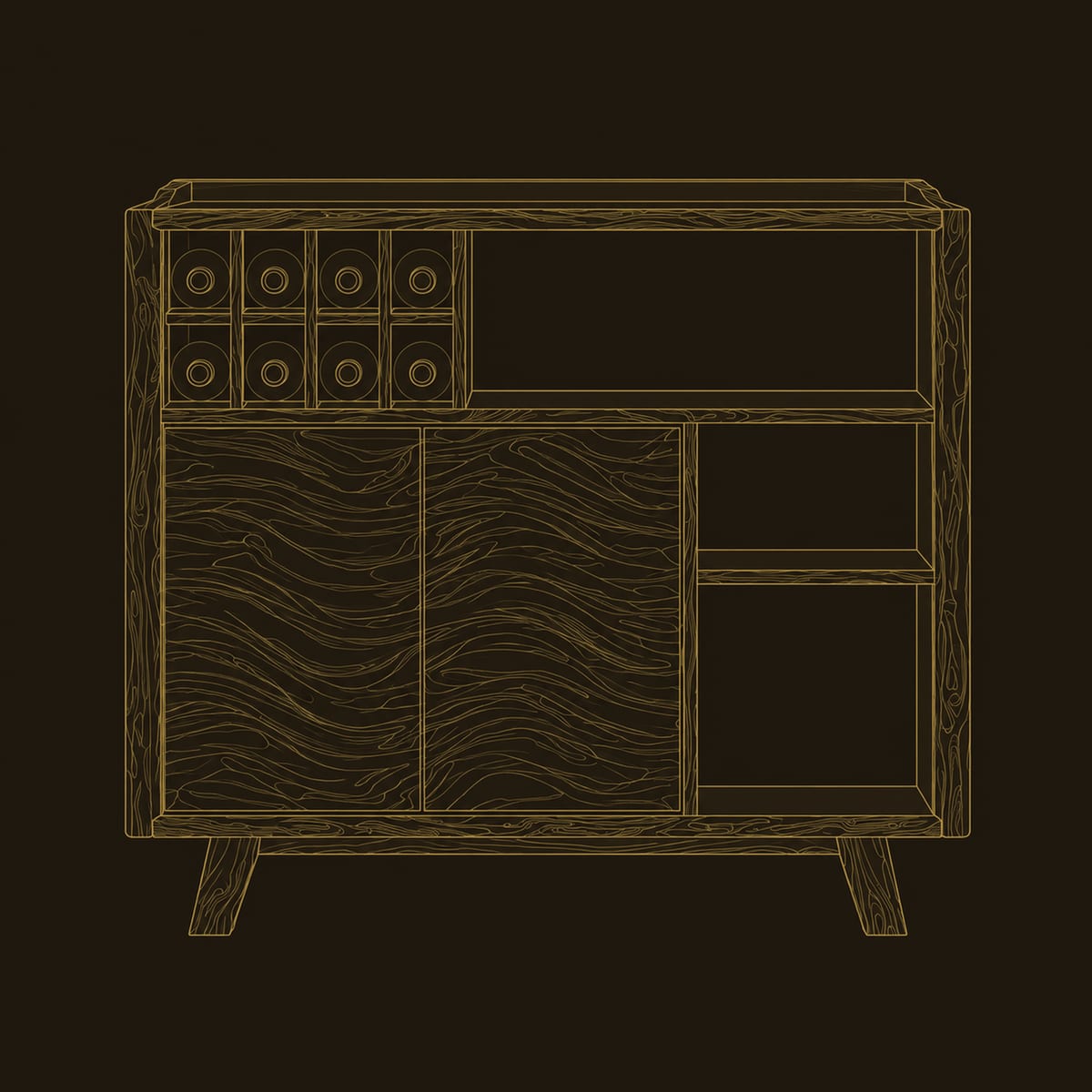 Carved Wave Door Bar Cabinet With Wine Slots And Open Shelves dimension diagram