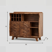 Carved Wave Door Bar Cabinet With Wine Slots And Open Shelves dimension diagram with width, height and depth