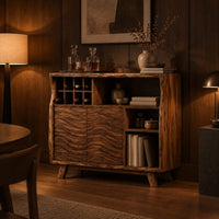 Bar cabinet with carved wave doors, a wine slot grid and open shelves in an evening dining room with walnut wall paneling