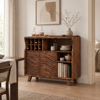 Bar cabinet with carved wave doors, a wine slot grid and open shelves in a Scandinavian dining room with white walls