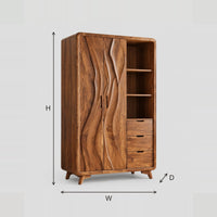 Carved Wave Door Wardrobe, Open Shelves, Three Drawers dimension diagram with width, height and depth