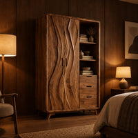 Wardrobe with carved wave pattern doors beside open shelves and three drawers in an evening bedroom with walnut wall paneling