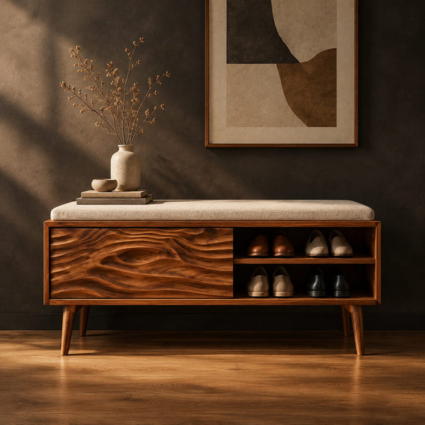 Carved Wave Panel Shoe Bench With Cushioned Top And Open Shelf