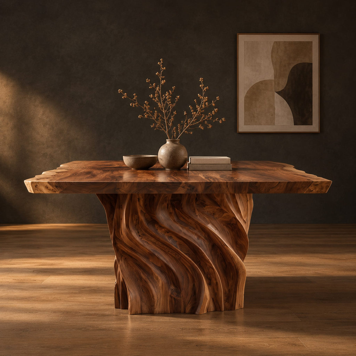 Dining table with a natural edge slab top and two carved wave pedestals in a dark studio against a charcoal plaster wall