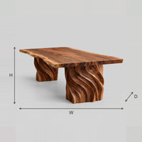 Carved Wave Pedestal Dining Table With Natural Edge Slab Top dimension diagram with width, height and depth