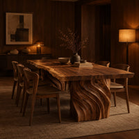 Dining table with a natural edge slab top and two carved wave pedestals in an evening dining room with walnut wall paneling
