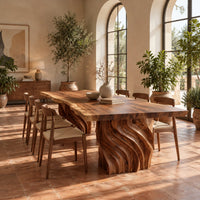 Dining table with a natural edge slab top and two carved wave pedestals in a bright dining room with arched windows and plants