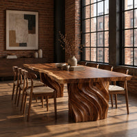 Dining table with a natural edge slab top and two carved wave pedestals in an industrial loft dining room with exposed brick