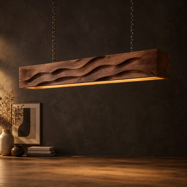 Carved Wave Pendant Light With Long Wood Beam And Warm Glow
