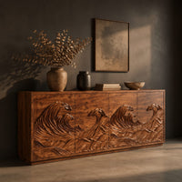 Sideboard with four doors carved in a rolling ocean wave relief, three-quarter view showing the grain