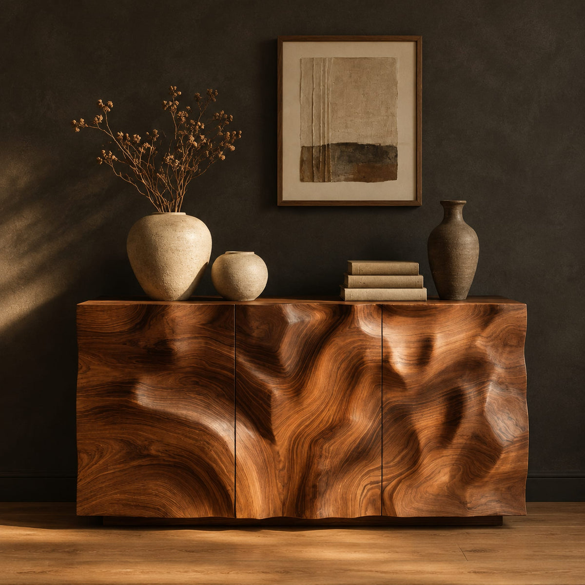 Sideboard with three flush doors and a rolling carved wave relief front in a dark studio against a charcoal plaster wall